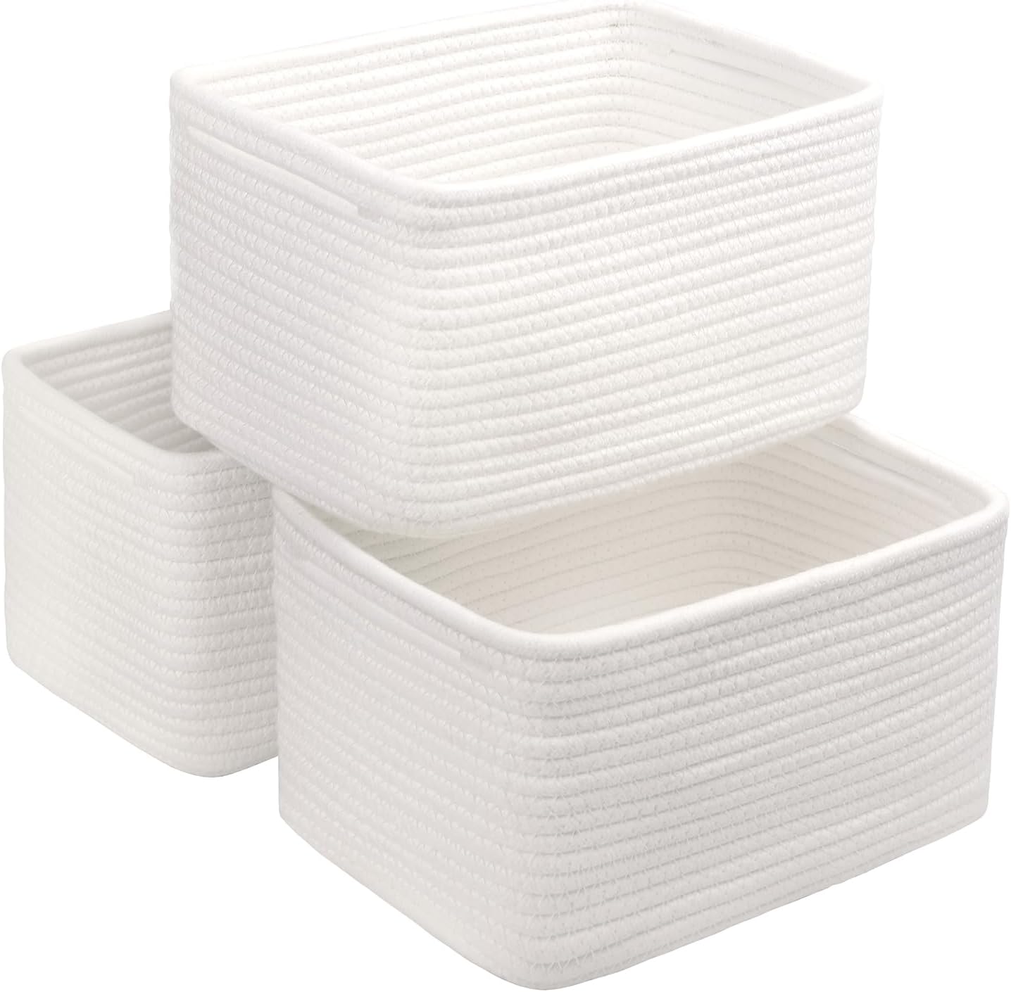 Small Cotton Rope Storage Basket Set of 3-11"x7"x7" Perfect Woven Baskets for Storage, Ideal Storage Baskets for Organizing Toys, Towels, and More - Baskets for Shelves and Home Decor（White）
