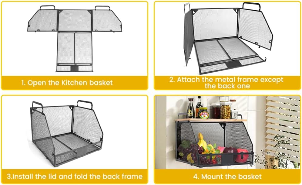 1 SET Large fruit basket for kitchen counter-stackable basket with Bamboo Tops & Tag,hanging wall baske,for Cabinet Shelf Countertop pantry storaget, onion potato Vegs Bread Food Organizing Bin,BLACK