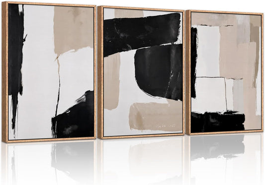 HLNIUC Large Framed Neutral Abstract Canvas Wall Art,Black and White Abstract Wall Decor Set of 3(16”X24”)Modern Minimalist Color Block Art Print,Beige Mid Century Wall Painting for Living Room,Office