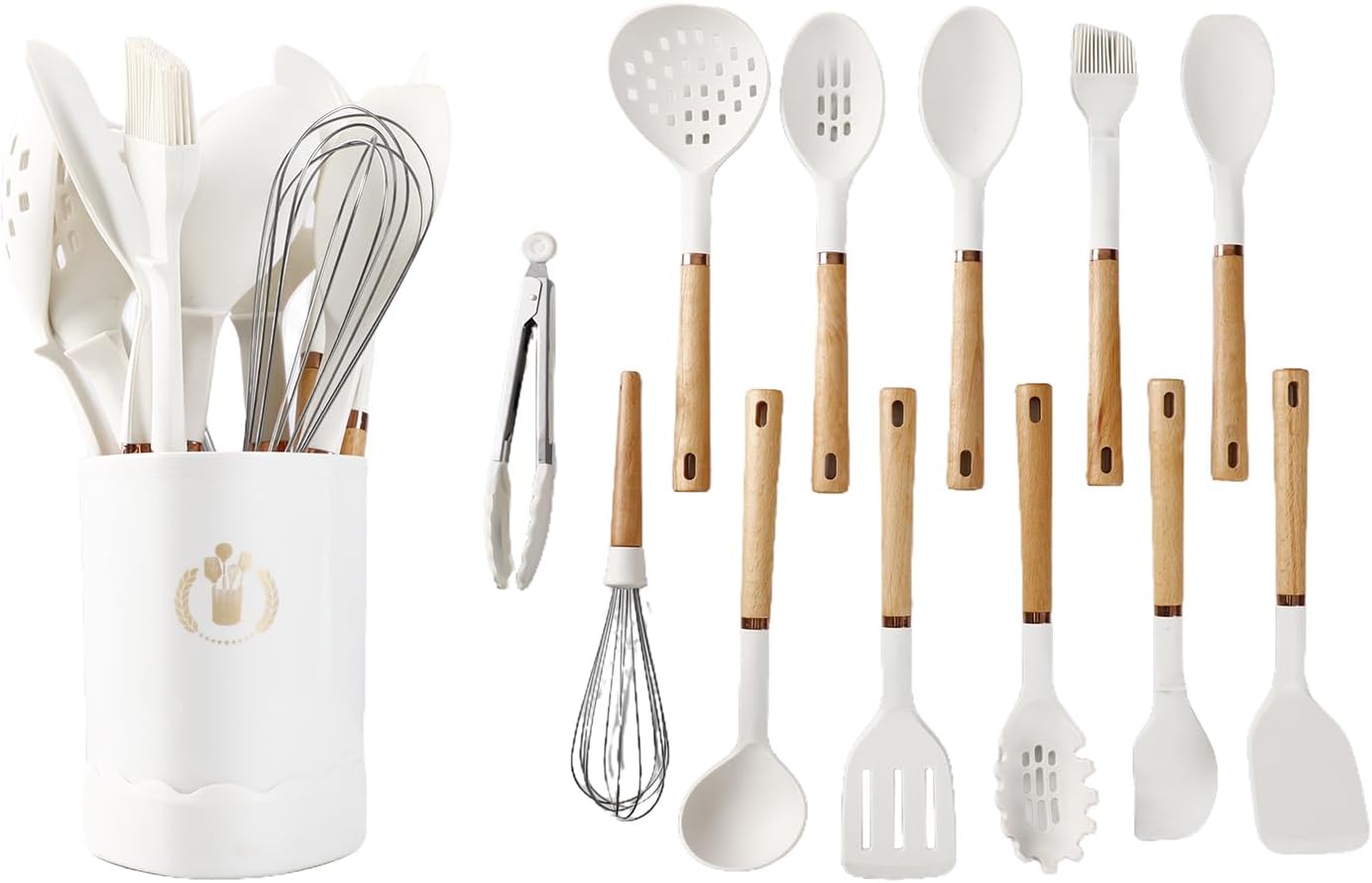 13-Piece silicone utensil set wood handle nonstick cookware safe dishwasher safe kitchen tools BPA free heat resistant (450°F/230°C) ceramic pan safe cooking gifts housewarming (White)