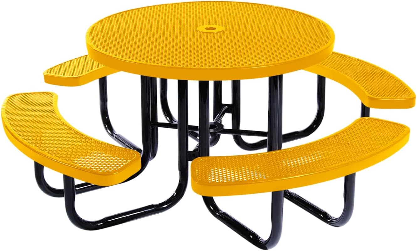 Heavy-Duty Portable Outdoor Picnic Table with Umbrella Hole, Punched Steel Commercial-Grade Patio Dining Furniture Made in America (46" Round Top, Textured Yellow)