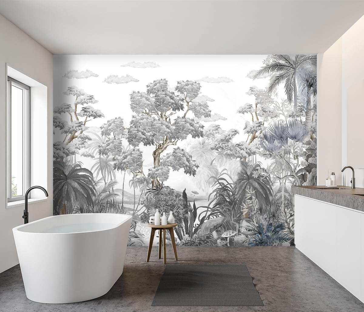 -Tropical Rainforest Botanical Grey Jungle Forest Fabric Wallpaper Living Room Palm Leaf Plant Bedroom Bathroom Large Wall Mural- 137"x96"（ not Peel and Stick）