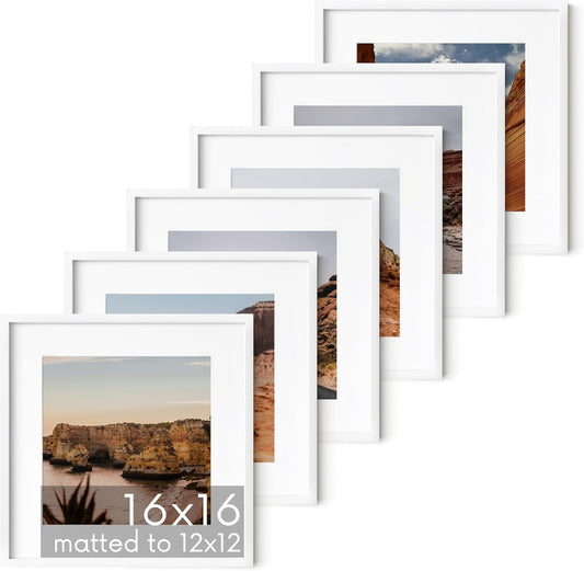 HAUS AND HUES 16x16 White Metal Picture Frames Matted to 12x12 - Features Premium Aluminum & Hanging Hardware, Shatterproof Plexiglass - Ideal for Home, Room, Office (16x16 in, White, Set of 6)