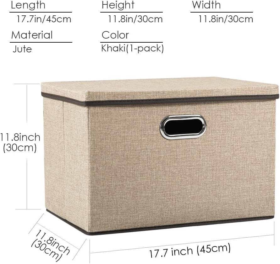 PRANDOM Large Collapsible Storage Bins with Lids [1-Pack] Jute Fabric Foldable Storage Boxes Organizer Containers Baskets Cube with Cover for Home Bedroom Closet Office Nursery (17.7x11.8x11.8)