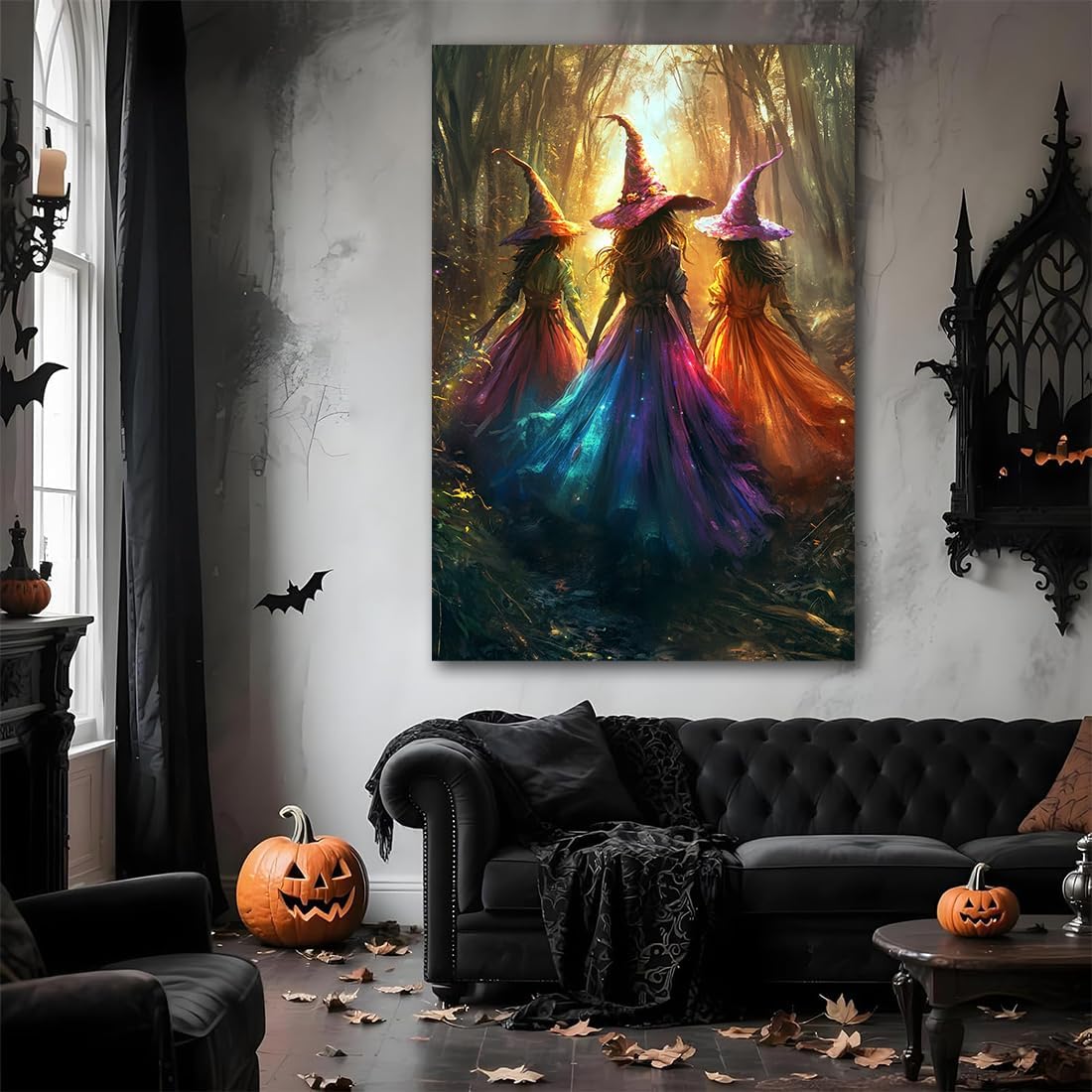 Halloween Room Decor Wall Art Colorful Witch Prints,Vintage Three Colorful Witches in Forest Halloween Posters,Fall Fantasy Aesthetic Pictures Playful Art Wall Decor for Bedroom,20"x30" Unframed