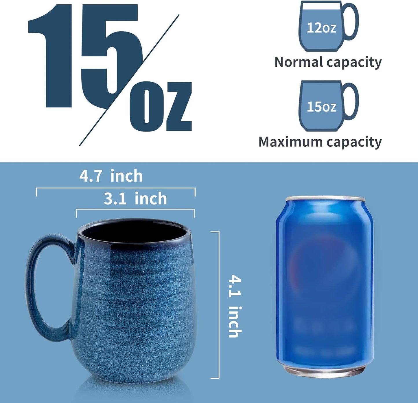 Hasense Coffee Mugs Set of 4, 15 Ounce Porcelain Mug Set with Handle for Morning Coffee Tea and Cocoa, Ceramic Coffee Cups with Beautiful Glaze for Men, Women, Navy