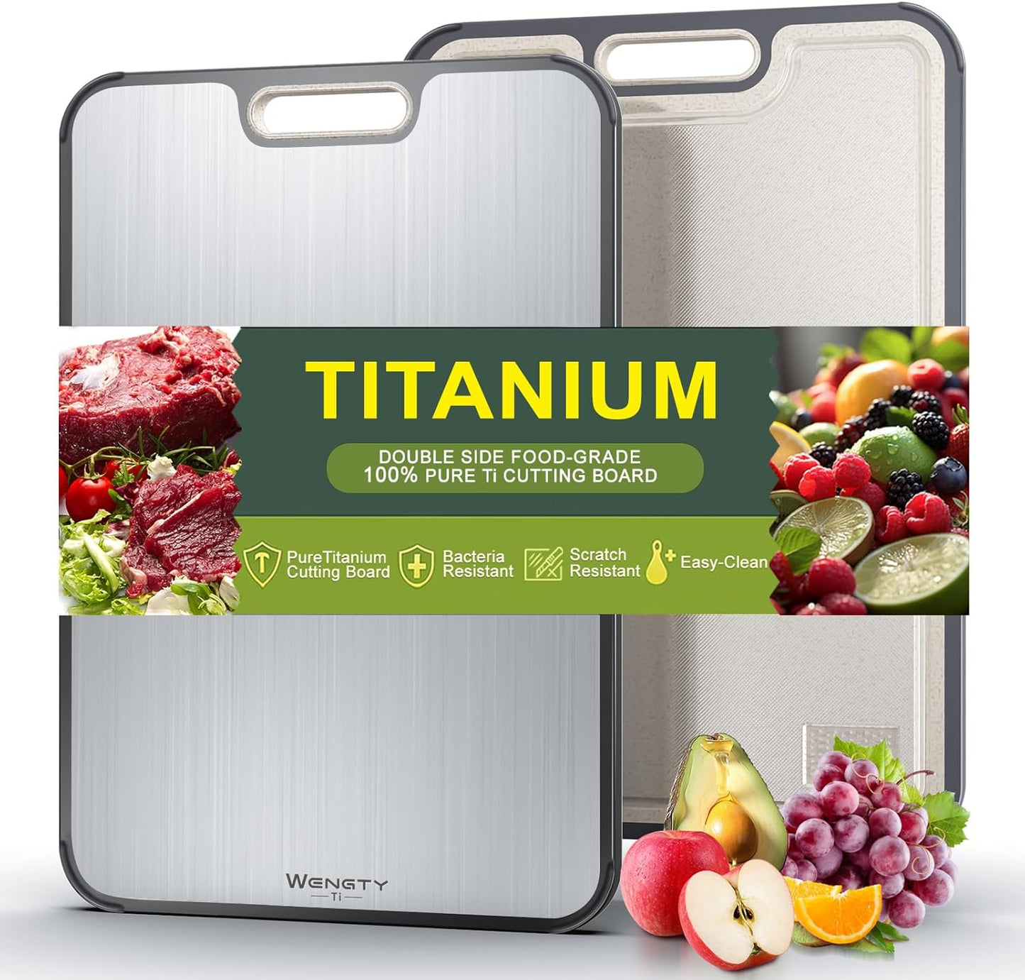 Titanium Cutting Boards for Kitchen, Double Sided Food-Grade Pure Titanium&Wheat Straw PP, Non-Toxic, Non-Slip, Dishwasher Safe, Ideal for Meat, Vegetables, Fruit 15.8 x 11''