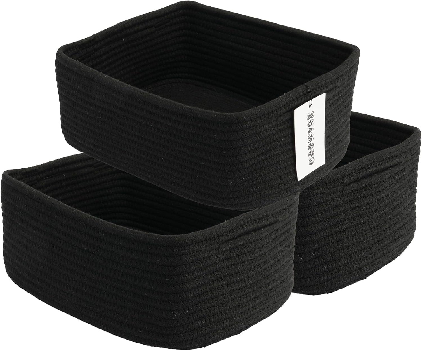 Small Woven Storage Baskets 13“X9”X5“ Decorative Rope Bins for Organizing Shelves, Closets, and Toys, Empty Gift Baskets, Cute Organizer Basket for Home and Office (black, Large)