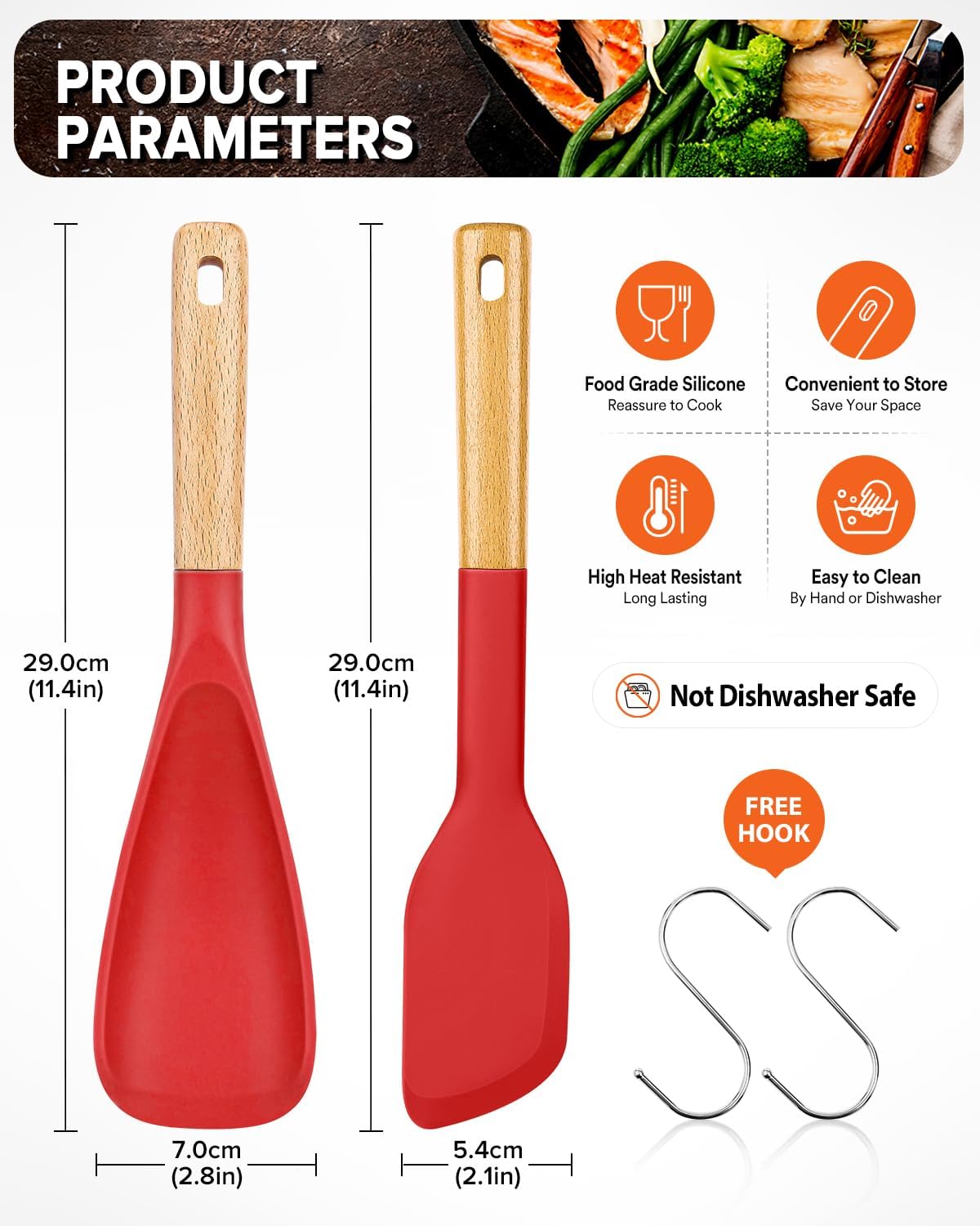 Cooking Spoon and Scraper for Nonstick Cookwares, Great for Cooking and Serving Durable BPA-Free Matte Silicone, Wood Handle Multifunction Spoon for Mixing, Scoop, and Scrape (RED)