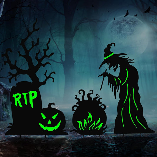 Halloween Yard Signs Outdoor Decorations，3 Pack Scary Large Witch Tombstone Cauldron Fluorescent Metal Stakes Glow in The Dark for Lawn Garden Halloween Decor (Large Witch Tombstone Cauldron)
