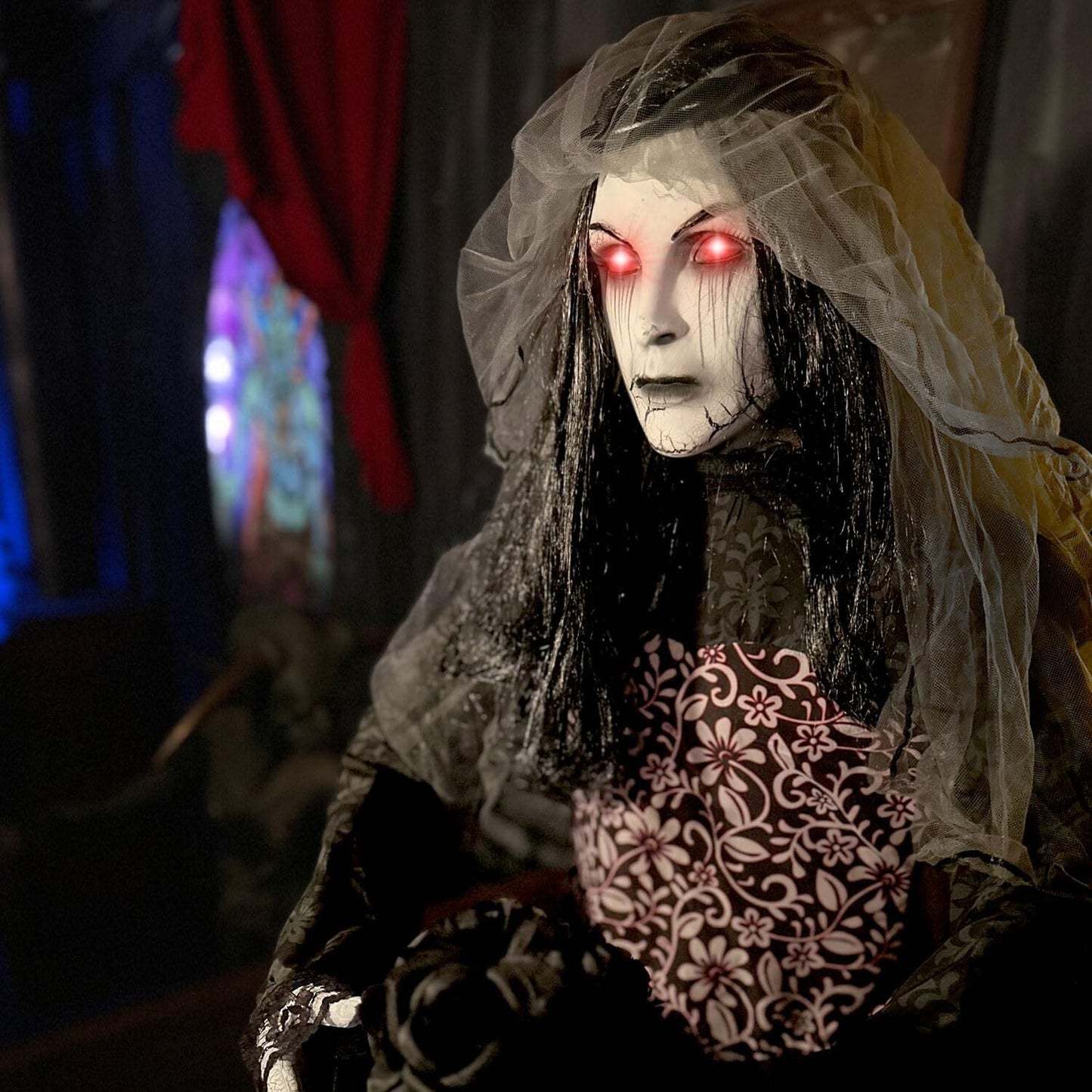 Haunted Hill Farm Rising Ghost Bride by Tekky, Battery-Operated, Sound Activated Animatronic with Sound Effects and Lights for Indoor or Covered Outdoor Creepy Halloween Decoration