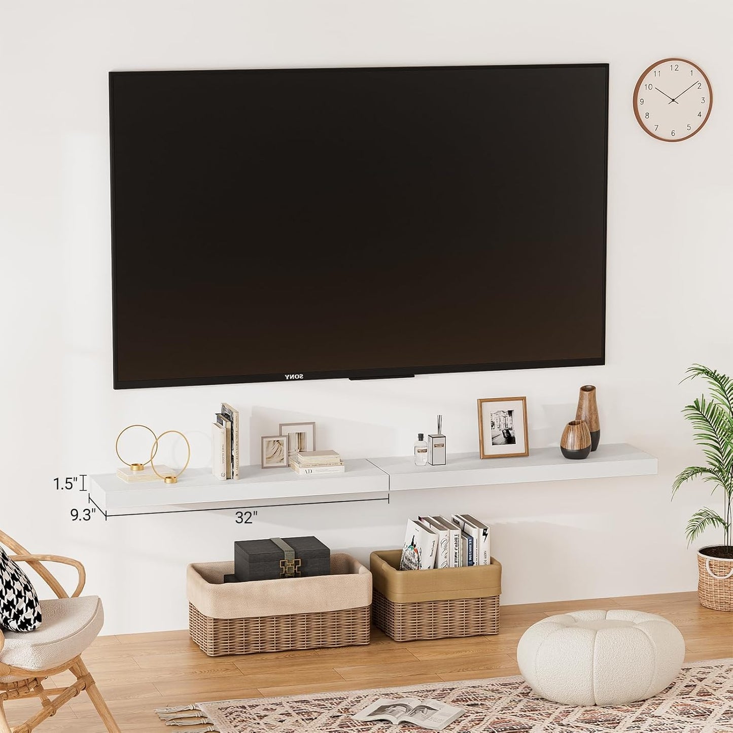 Heimlove 32 Inch Floating Shelves for Wall,White 9.3" Deep Floating Shelf Set of 2,Wall Mounted Shelves for Bathroom Bedroom Living Room Kitchen Office,Shelf for Books Storage Room,Home Decor