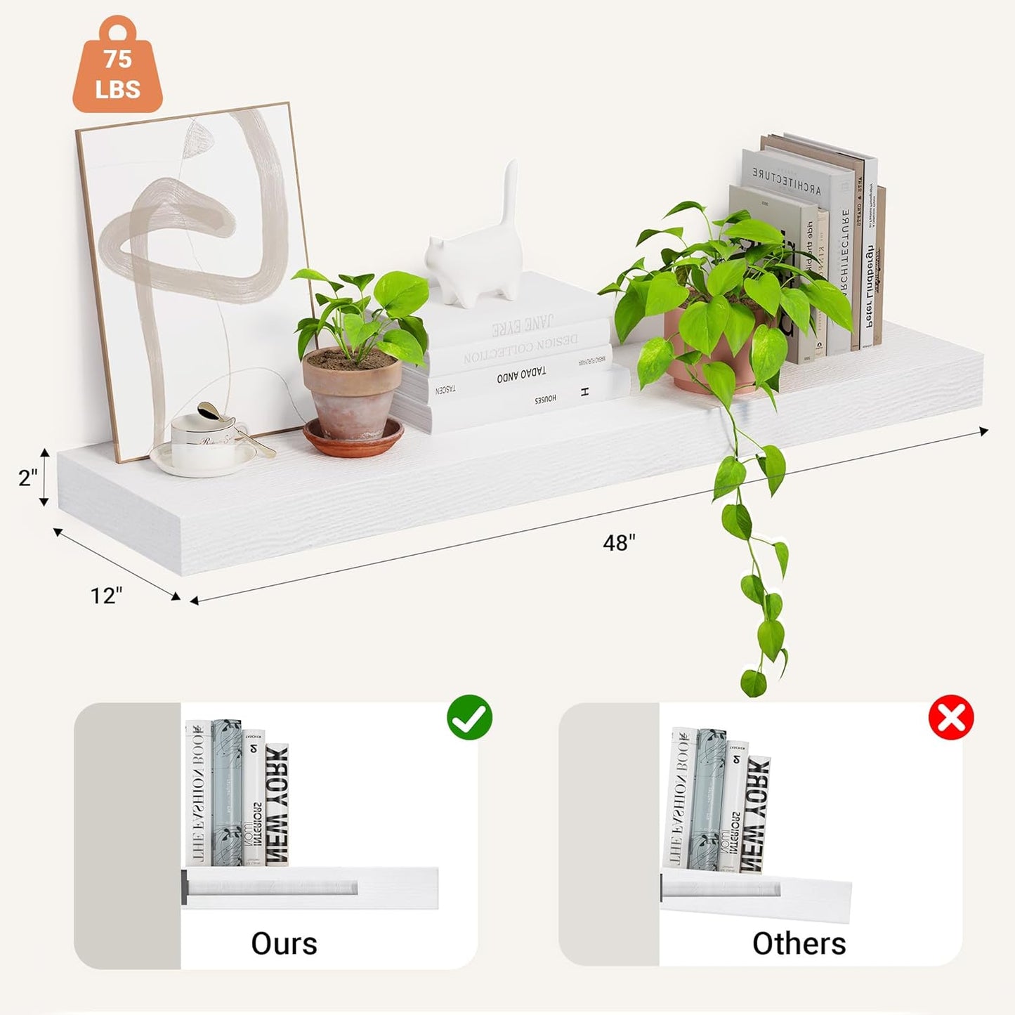 Heimlove 12 Inch Deep Floating Shelves, 48 x 12 inches Long, Large Display & Storage Shelf, Rustic Wood Wall Shelves for Fireplace Mantel, Set of 1(White)