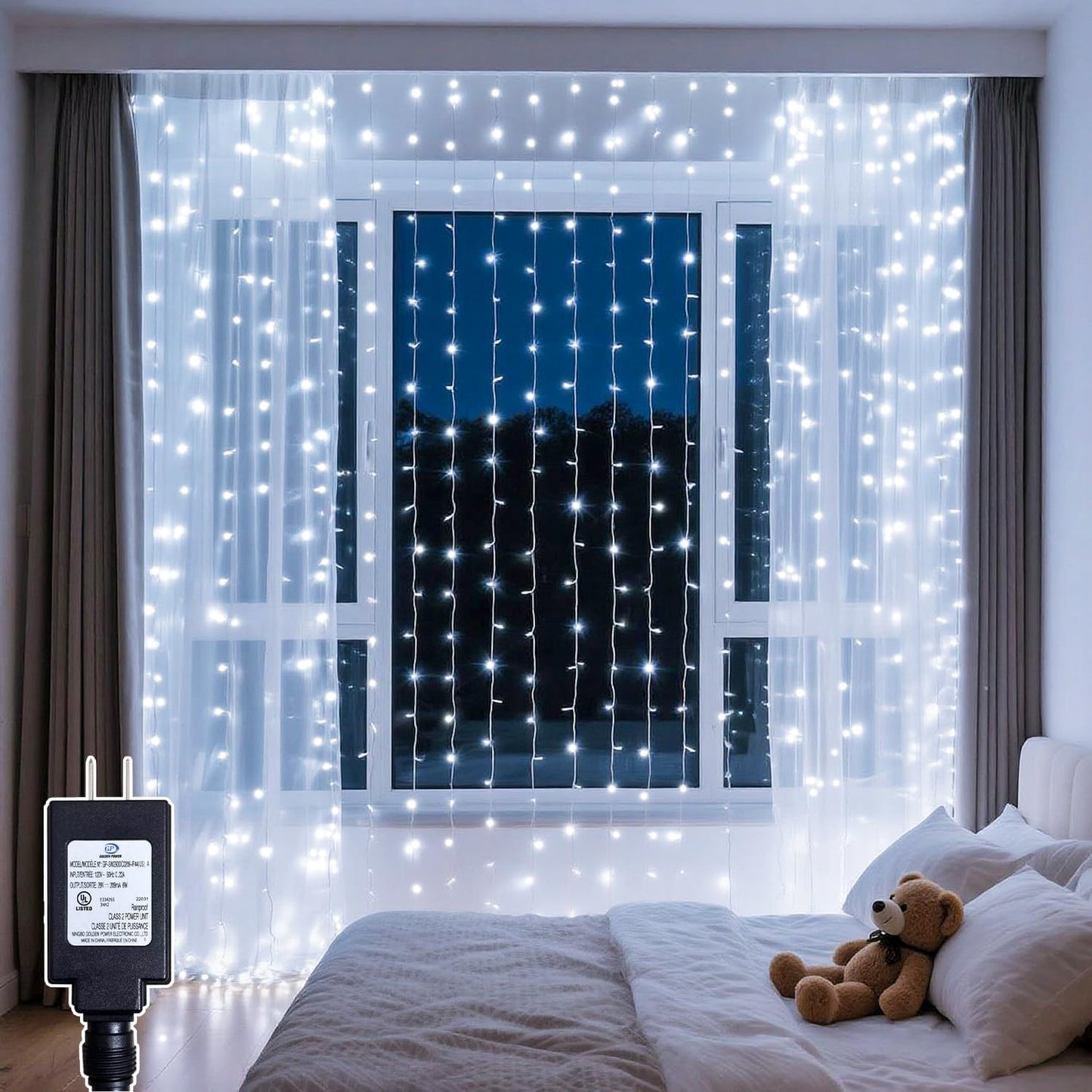 200 LED Curtain String Lights 9.8 * 6.6FT Plug in Fairy with Timer and 8 Modes, Waterproof Window Wall Lights for Bedroom Wedding Party Indoor Outdoor Christmas Decor
