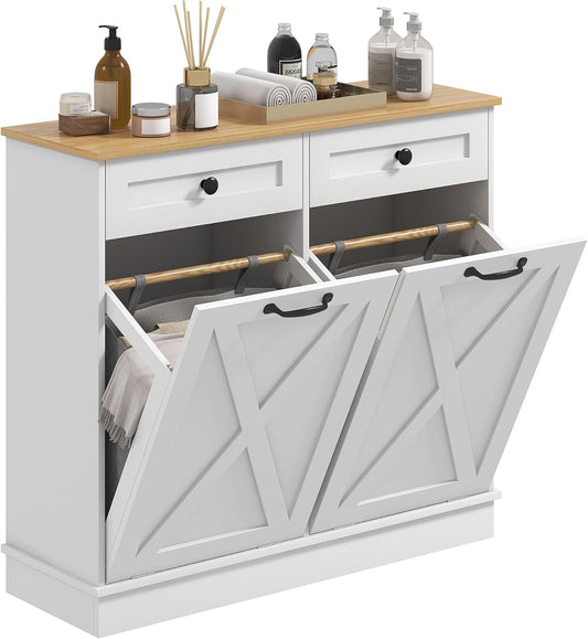 HOMCOM Tilt Out Laundry Hamper Cabinet with 2 Removable Baskets, Freestanding Bathroom Storage Cabinet with 2 Drawers, Trash Can Cabinet for Living Room, Laundry Room, White