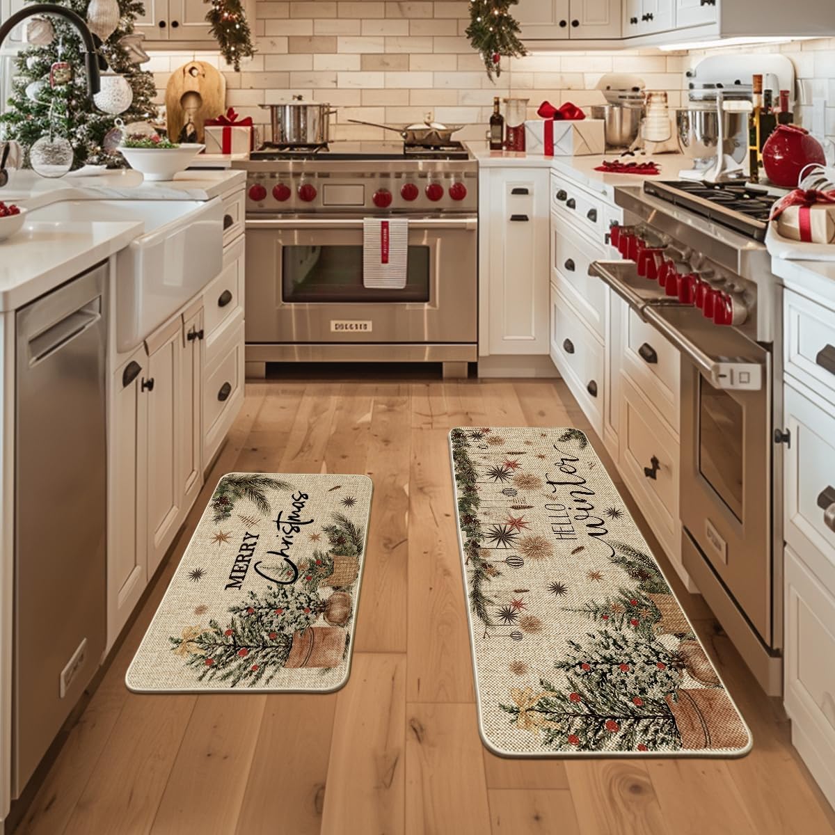 Artoid Mode Holly Ornament Merry Christmas Kitchen Mats Set of 2, Winter Home Decor Low-Profile Kitchen Rugs for Floor - 24x35 and 24x59 Inch
