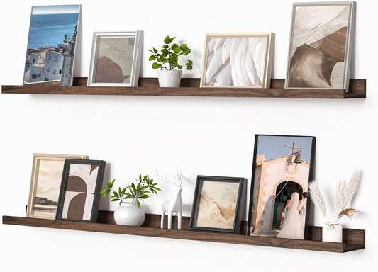 Heimlove Picture Ledge Shelf, Floating Shelves Set of 2, 48 Inches Picture Shelf for Wall with Ledge, Kids Bookshelf Wall Mounted for Living Room Bedroom Decor Books Photo Frames, Walnut