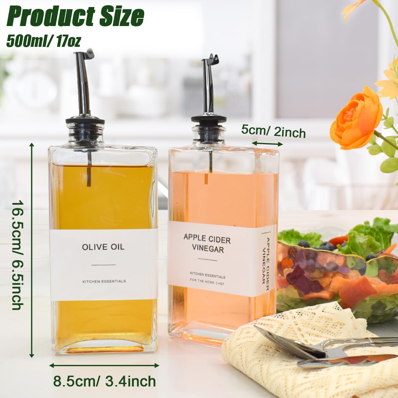 Olive Oil Dispenser for Kitchen, Cooking Oil Container 16.9 oz, Olive Oil Bottles, Soy Sauce Dispenser, Coffee Syrup Bottles (16.9oz, Set of 2)