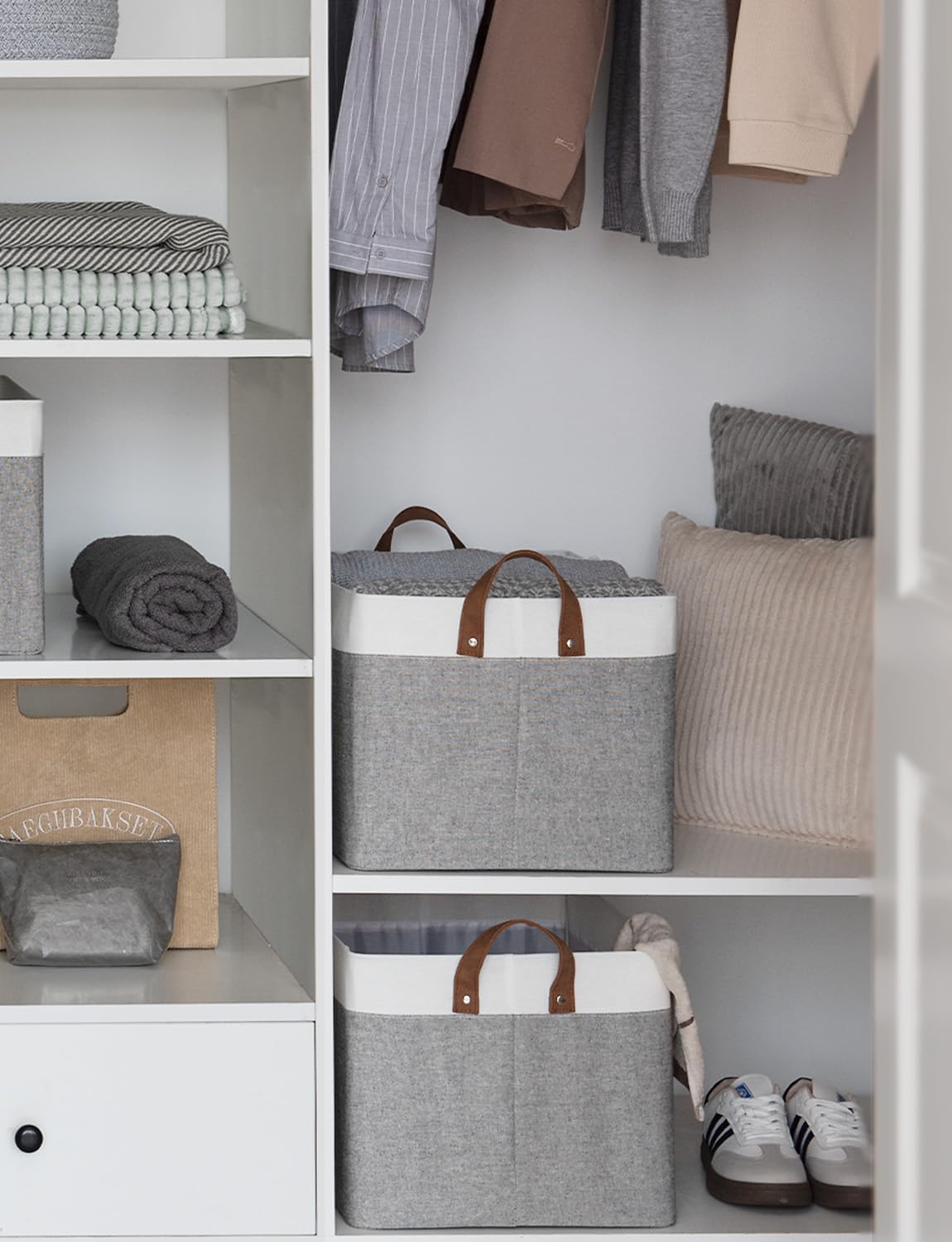 StorageWorks Storage Bins, Fabric Storage Bins for Shelves, Large Storage Baskets with Metal Frame, Closet Baskets and Bins with Handles, Gray and White, 2-Pack