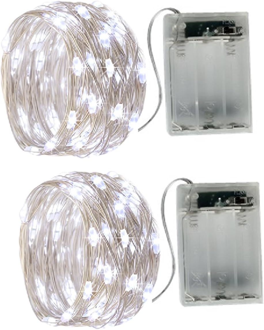 2 x20LEDs Fairy Lights Battery Operated, Silver Wire 2 Mode Chains String Lights for Bedroom Christmas Party Decoration (Cool White, 6.6)