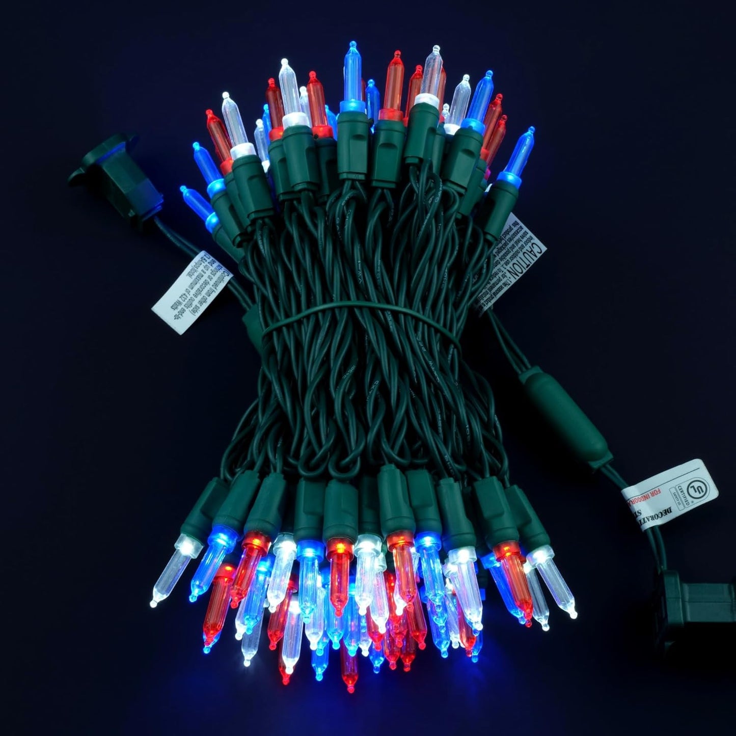 100 Red White Blue One-Piece LED Christmas Lights, 33 ft Green Cord High Waterproof UL Certified Patriotic Outdoor String Lights (Red White & Blue)