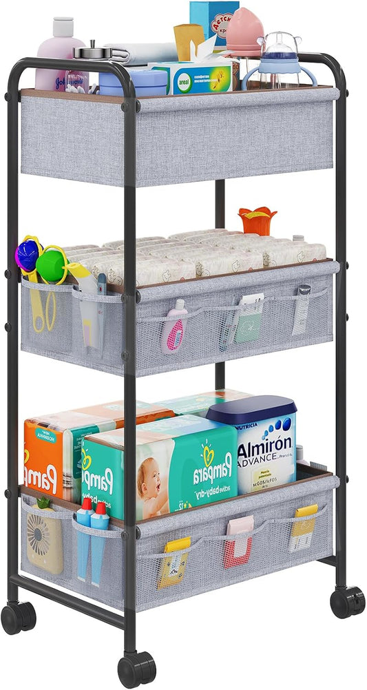 3-Tier Baby Diaper Caddy Cart Organizer with 2 Dividers & 14 Mesh Pockets - Black Mobile Nursery Storage Cart with Wheels, Durable Metal Utility Cart for Nursery, Bedroom, Baby Essentials Organization