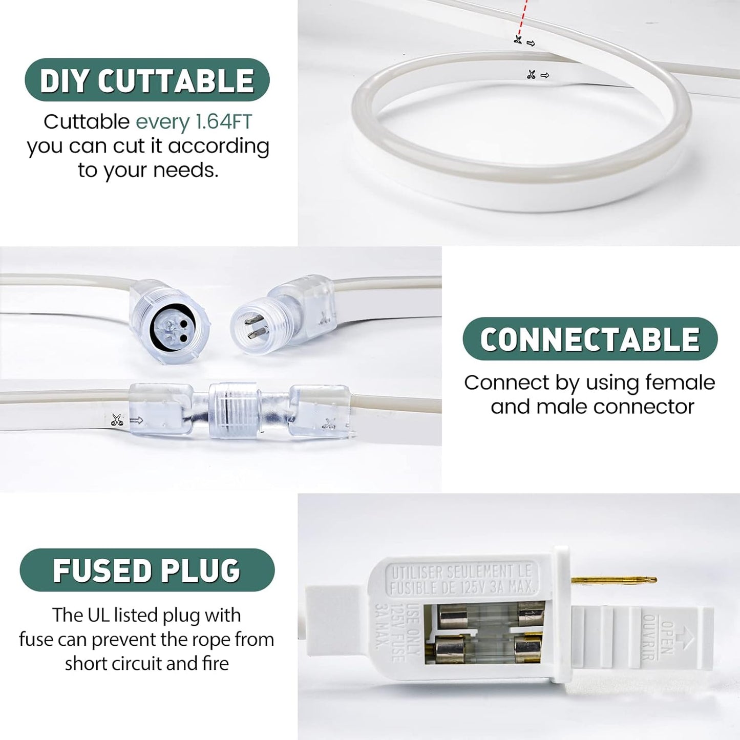 GZBtech Flexible LED Neon Rope Lights 100FT,AC 110-120V Waterproof Strip Light, 120 LEDs/M Cuttable Connectable Neon Lighting for Indoor Outdoor Home Decor/Commercial Building Use-Cold White 30M