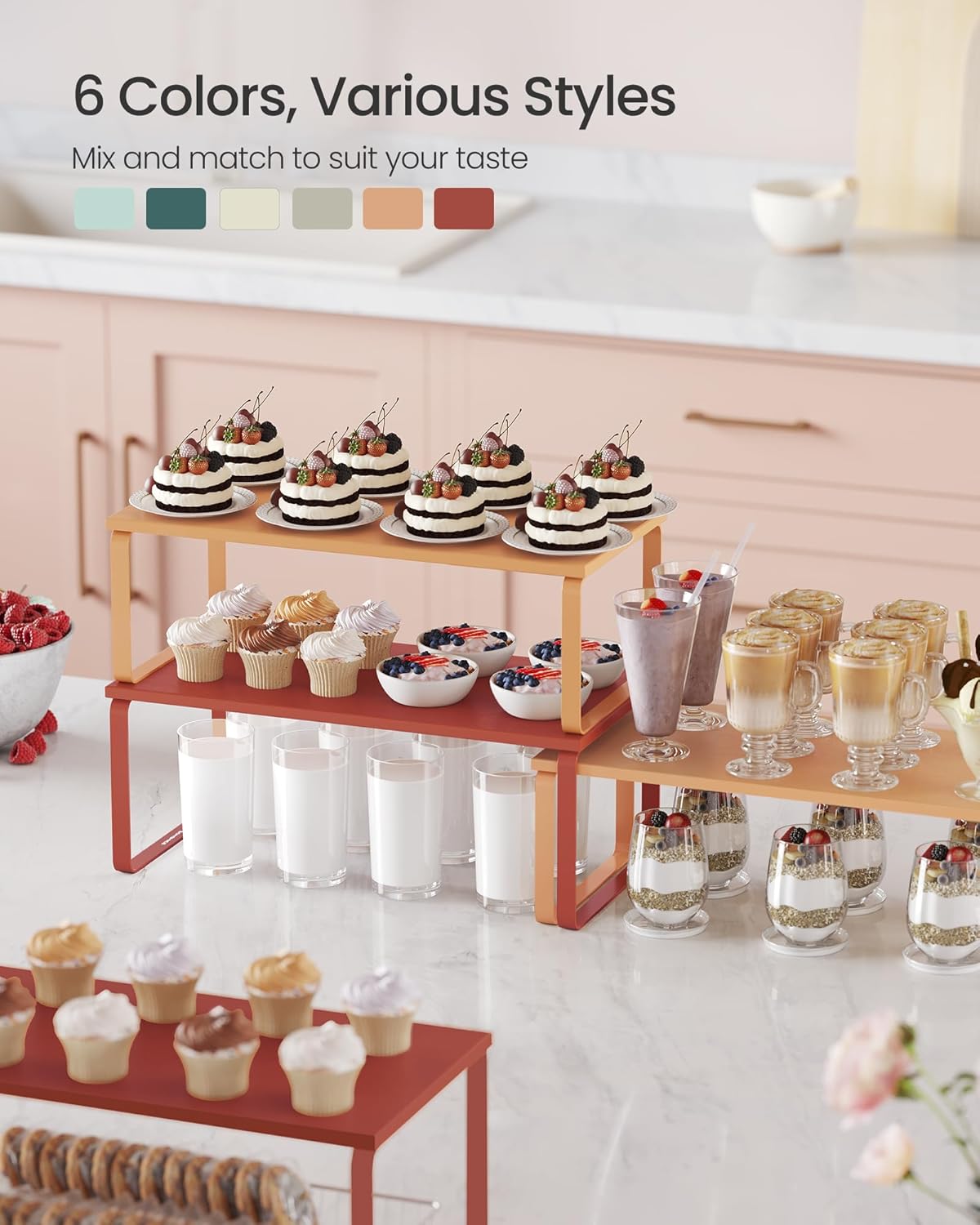 SONGMICS Cabinet Organizer Shelf, Set of 2 Kitchen Counter Shelves, Kitchen Storage, Spice Rack, Stackable, Expandable, Metal and Engineered Wood, Apricot UKCS200Y01