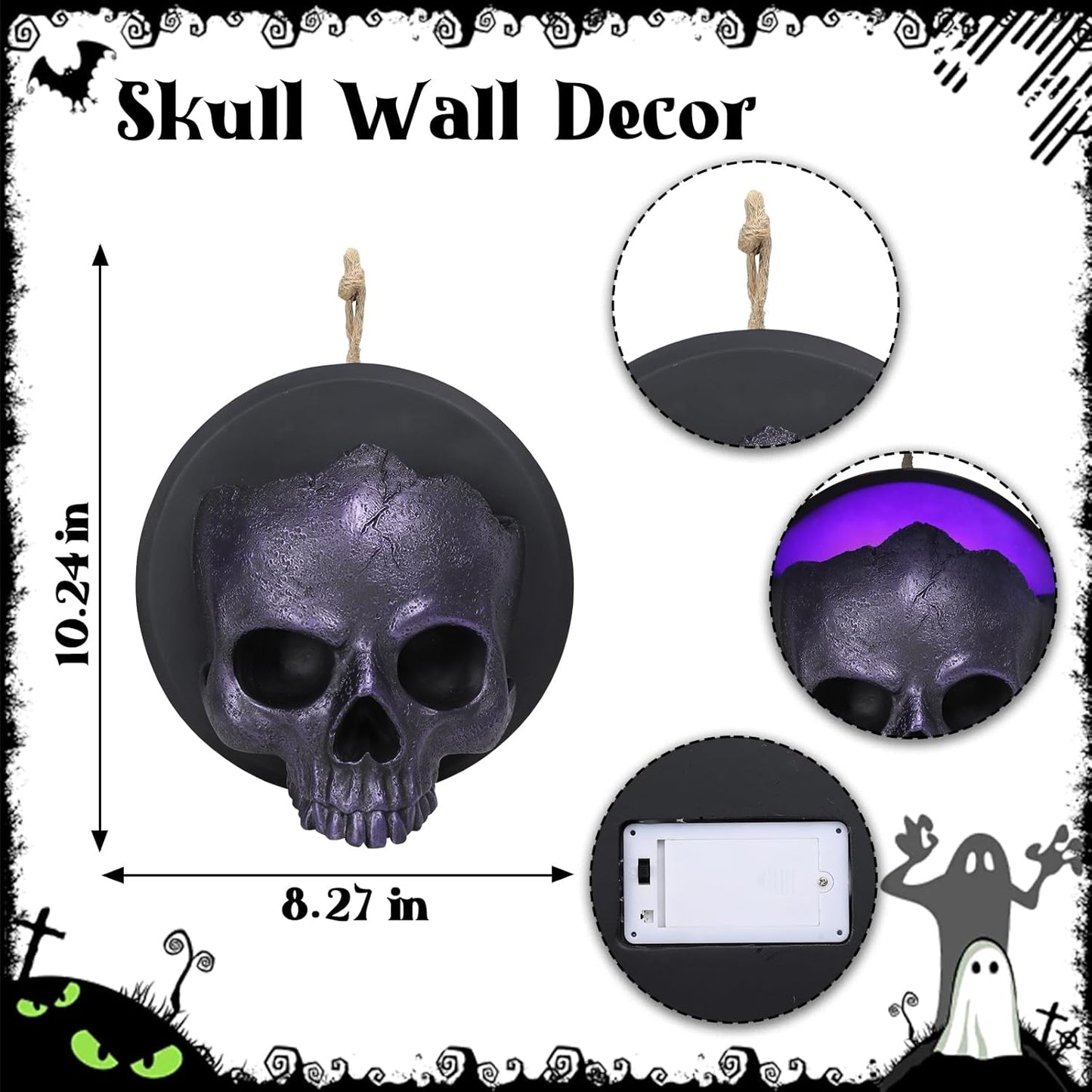 Halloween Skull Decorations, Gothic Skeleton Head Hanging Wall Decor, Resin Creepy Skull Led Lights for Indoor Halloween Party Home Decorations