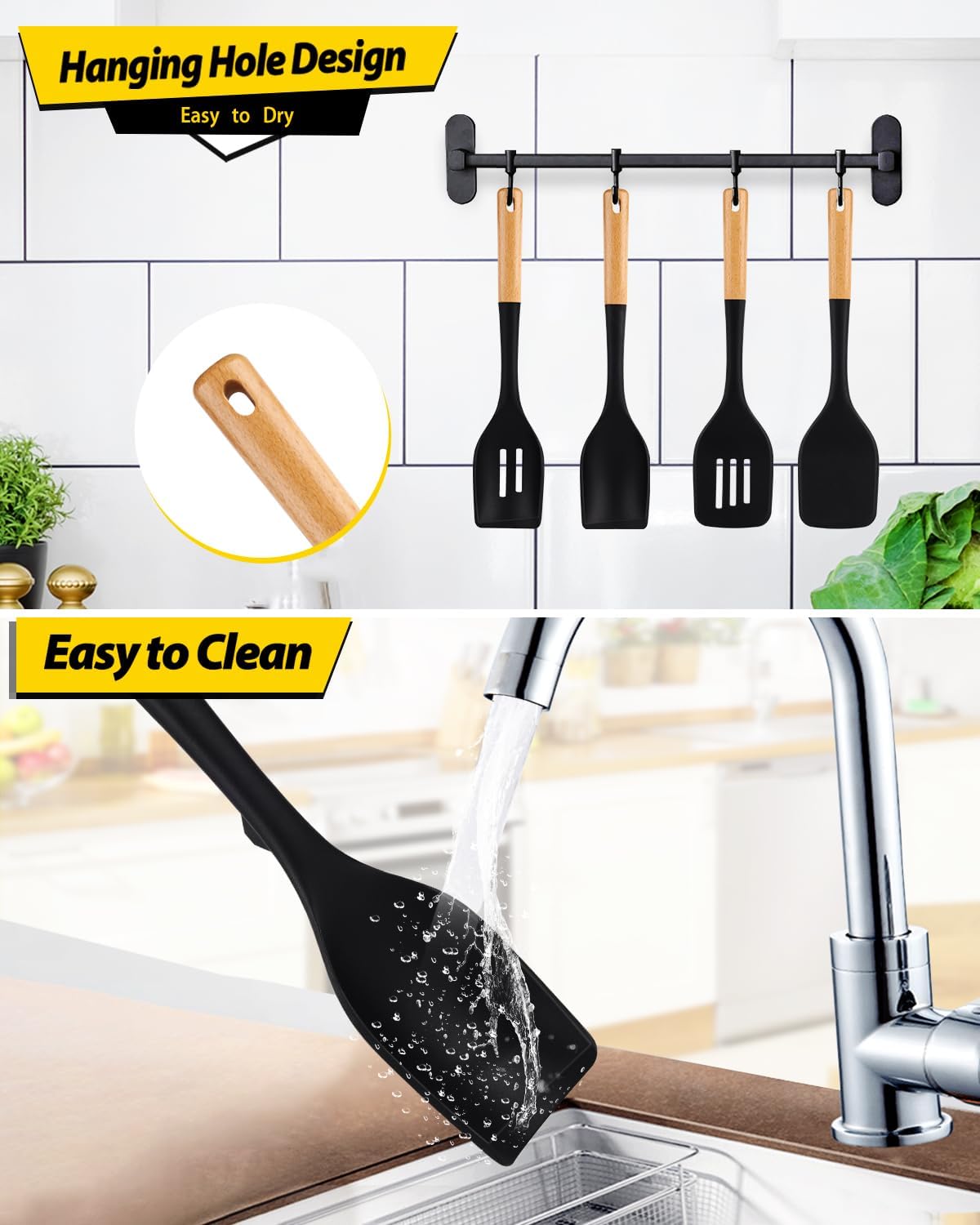 Pack of 4 Silicone Kitchen Utensils Set, Non Stick Solid Spatulas and Heat Resistant Slotted Spoons with Wooden Handle, Ideal BPA Free Cooking Utensils for Mixing,Serving,Turning,Stirring(BLACK)