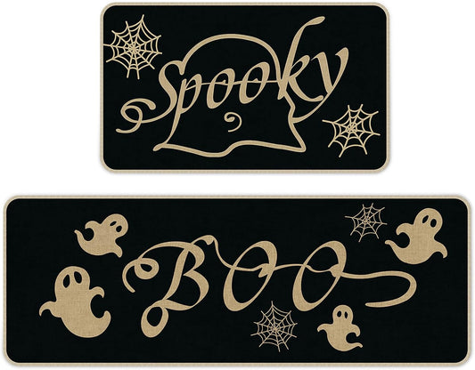 Halloween Kitchen Mat Set of 2, Spooky Spider Web Ghosts Boo Halloween Decor, Halloween Rug for Floor, Indoor Home Decor with Non-Slip Backing,17 x 29 Inch & 17 x 47 Inch