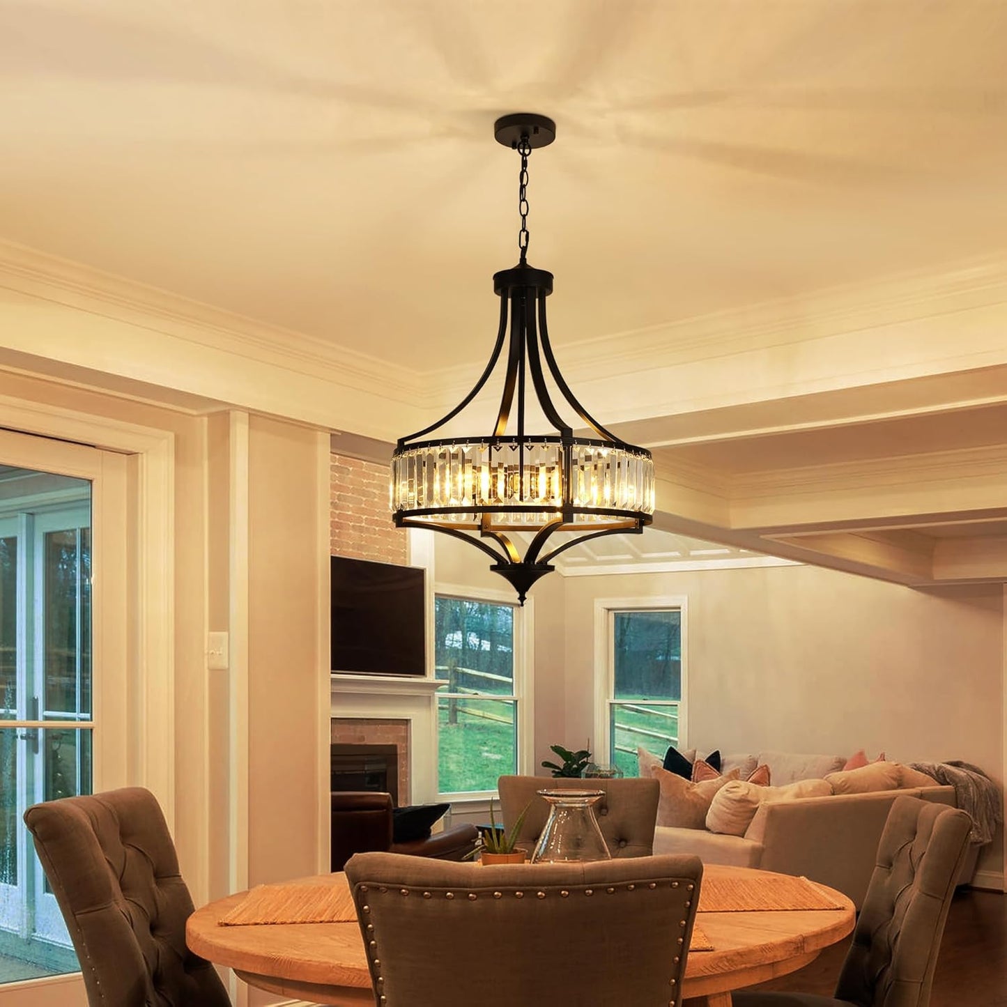 20" Modern Farmhouse Crystal Chandeliers for Dining Room, 5-Light Black Antique Pendant Chandelier, Contemporary Hanging Light Fixture for Living Room Bedroom Foyer Kitchen Island Entryway