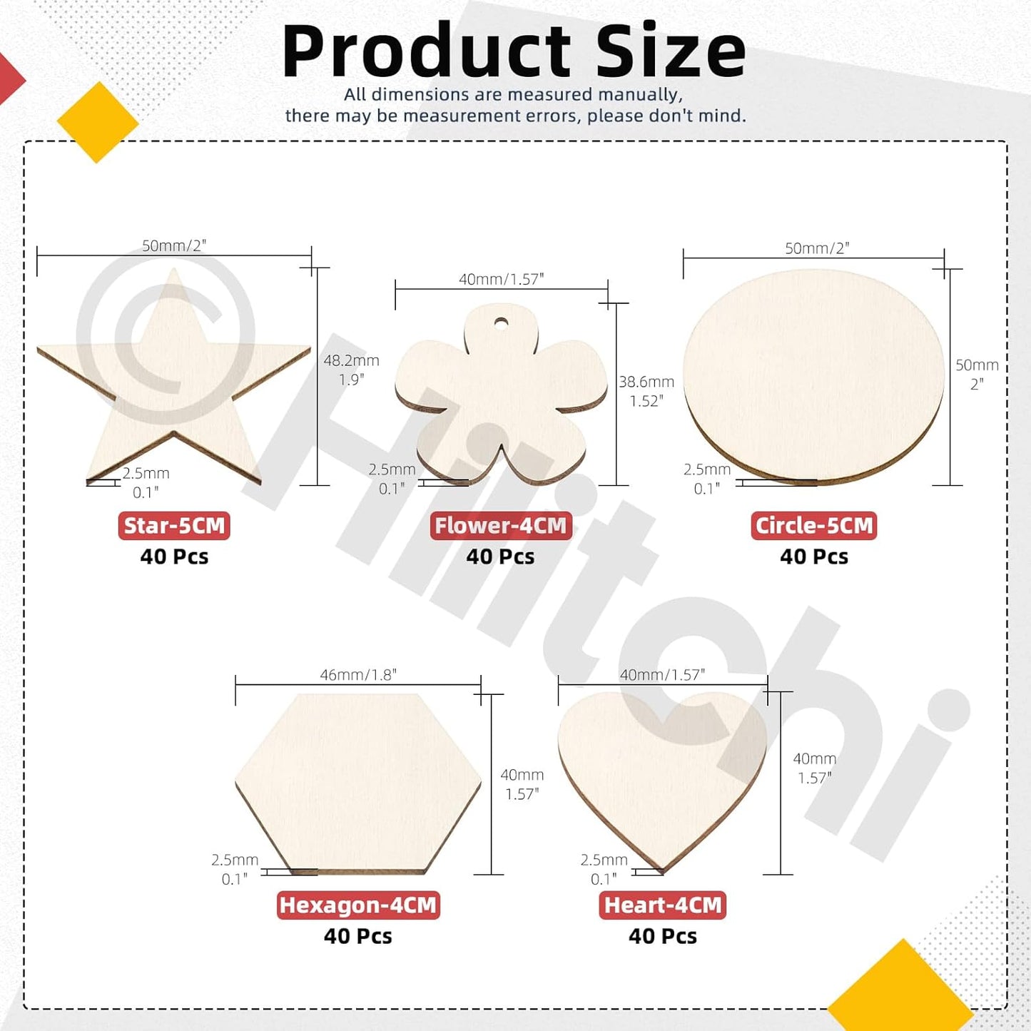 Hilitchi 200Pcs Multi Shape Unfinished Wooden Crafts DIY Wooden Cutouts Star Flower Circle Hexagon Heart Shapes Unfinished Wood Slices Ornament for DIY Crafts Home Decorations