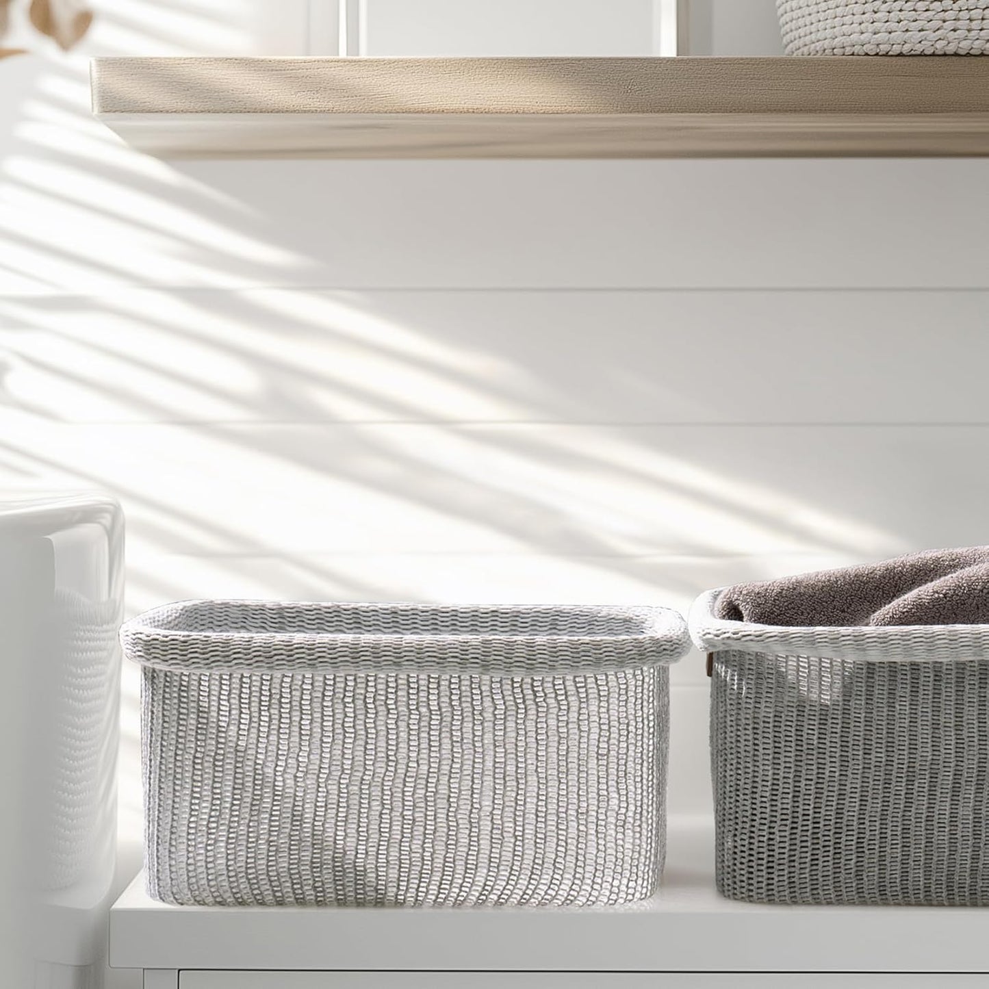 La Jolie Maison Blended Fabric Storage Baskets Set of 2, Rectangle Knitted Baskets for Organizing, Boho Decorative Baskets, Durable Finish, Grey