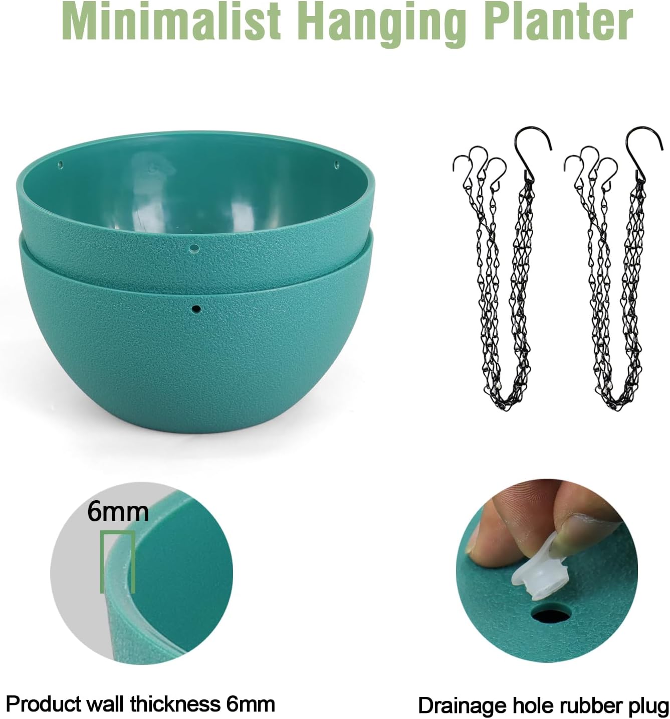 10 inch Hanging Planters for Indoor Outdoor Plants, 2 Pack Hanging Flower Pots with Drainage Holes and Chain for Garden Porch, Plastic Hanging Baskets for House Plants, Blue Green