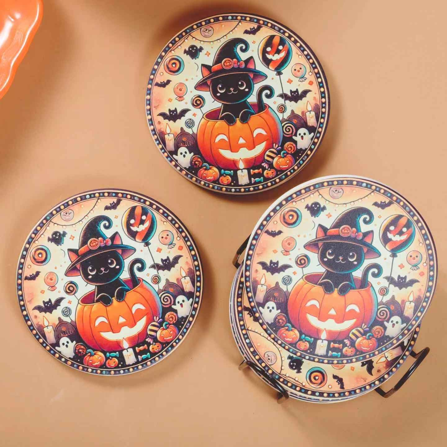 Halloween Ceramic Coasters Set of 6 with Holder – Black Cat in Pumpkin Design – Non-Slip Absorbent Drink Coasters for Halloween Party Decor and Gifts