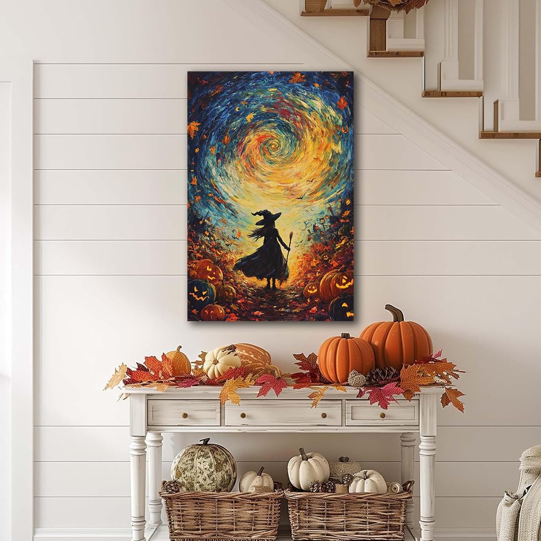 Halloween Autumn Witchy Decor Wall Art Prints,Gothic Witch in Whirlwind Autumn with Pumpkins Scene Pictures Poster,Fall Festival Home Decor Painting Canvas Poster for Bedroom Bathroom,24"x36" Unframed