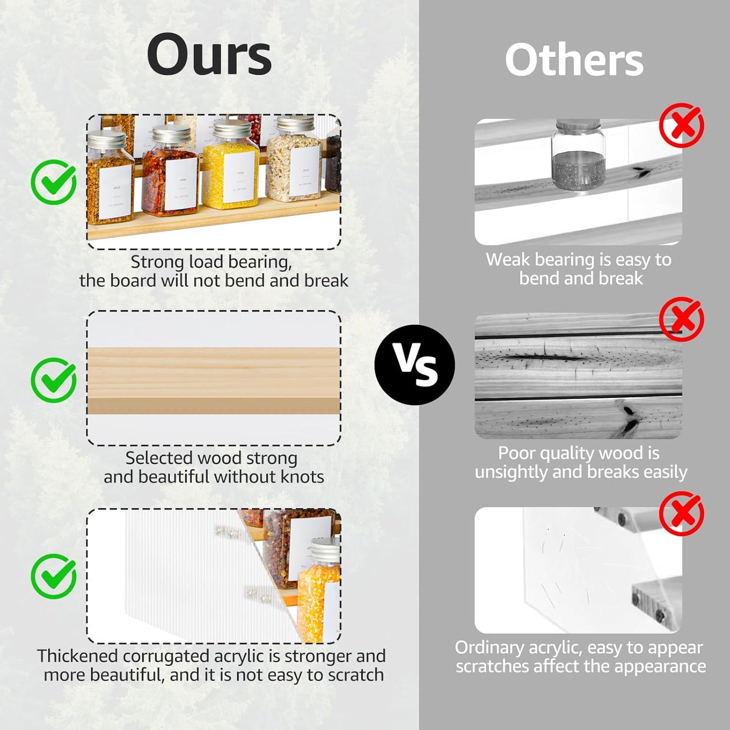 nianfeng Tiered Spice Rack, 6-Tier Spice Pantry Kitchen Cabinet Organizer, 12-Inch, Natural Wood Acrylic Stair Riser Stand, Countertop Seasoning Shelf