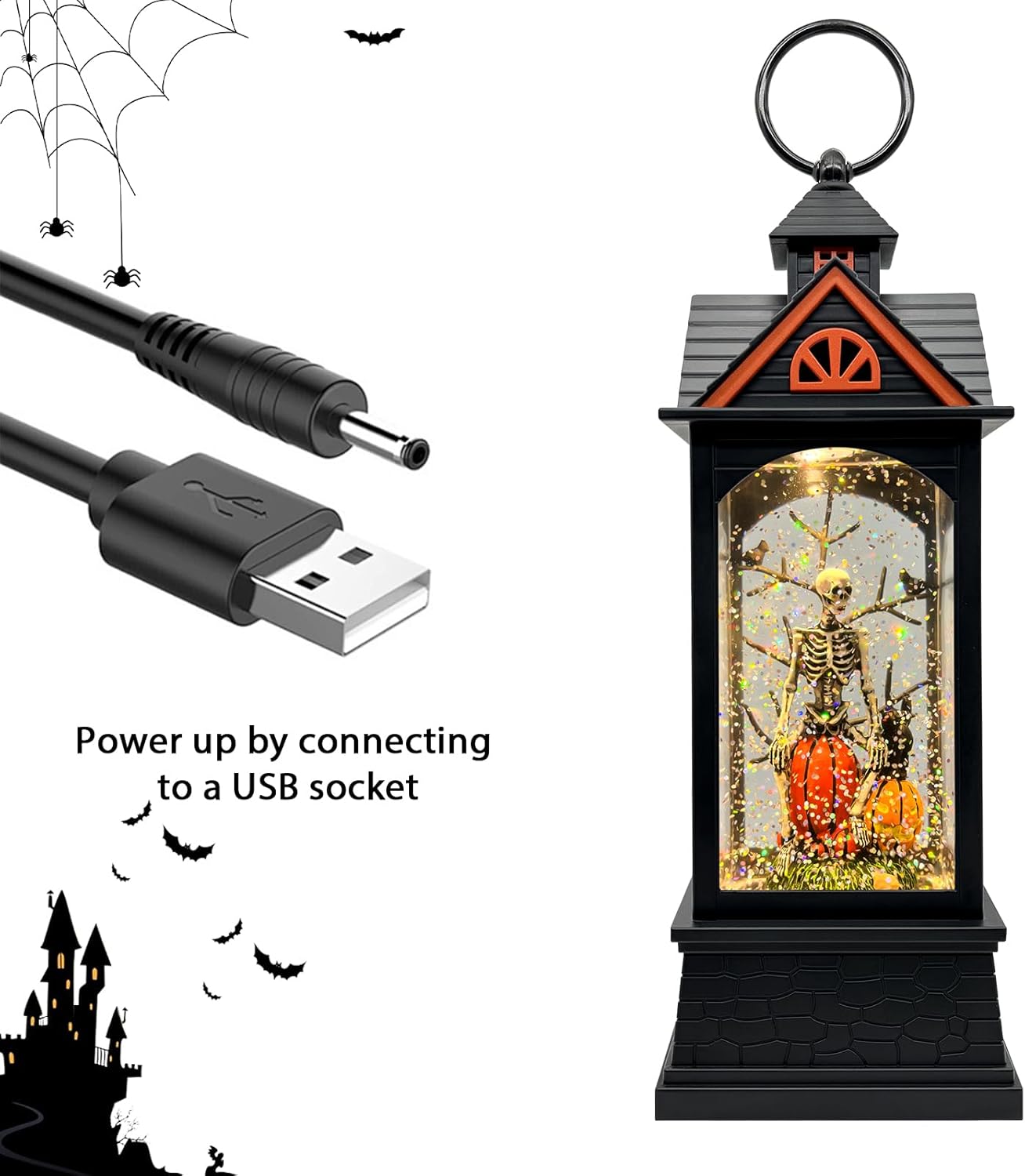 Halloween Snow Globe Lantern with 6 Hour Timer,Halloween Decorations Indoor for Home,Halloween Decor,USB or Battery Powered for Halloween Lanterns,Halloween Skeleton-B