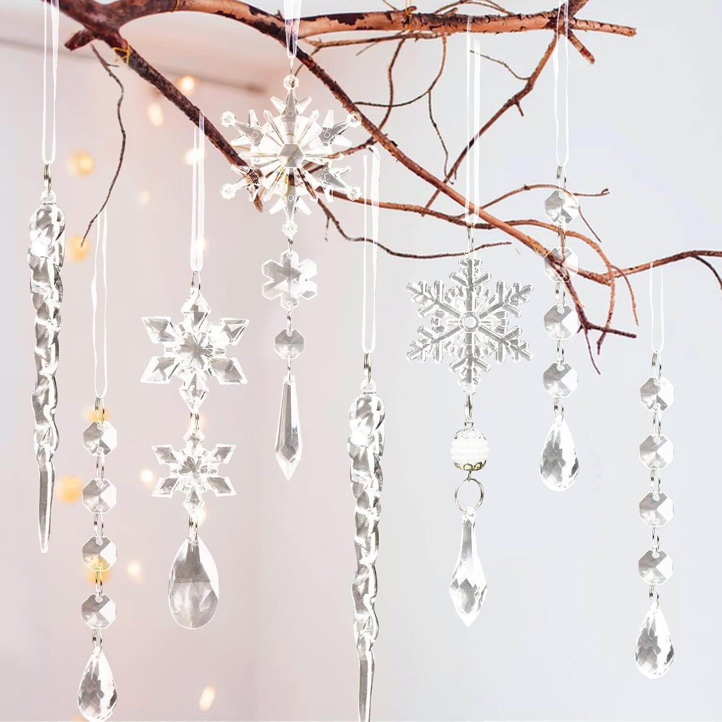 18pcs Christmas Tree Decoration Crystal Ornaments - Hanging Acrylic Christmas Snowflake Icicle Drop Crystal Ornaments for Xmas Tree Winter New Year Party Supplies
