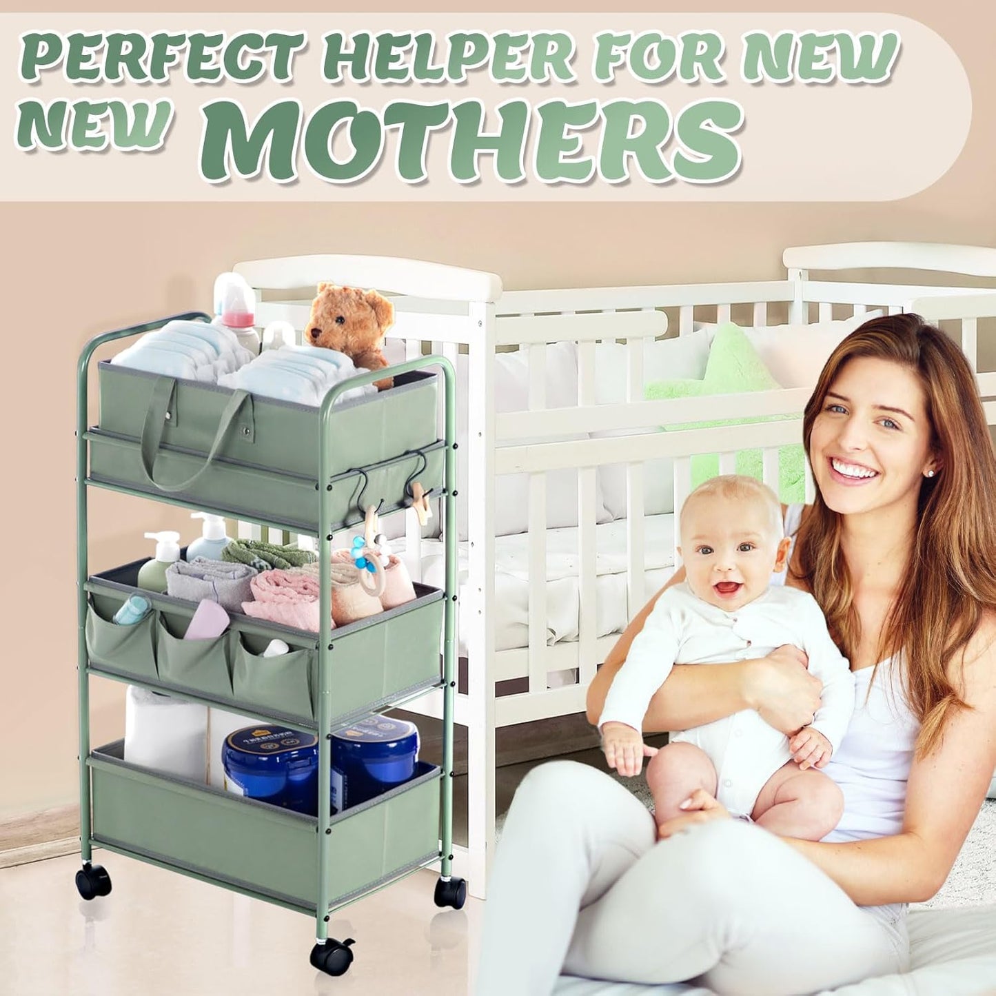 Honeydak 2in1 Baby Diaper Caddy Organizer Cart 3 Tier Large Capacity Metal Utility Bedside Rolling Cart with Divider for Newborn Nursery Essential Must Have for Crib Bedroom Baby Shower(Green)