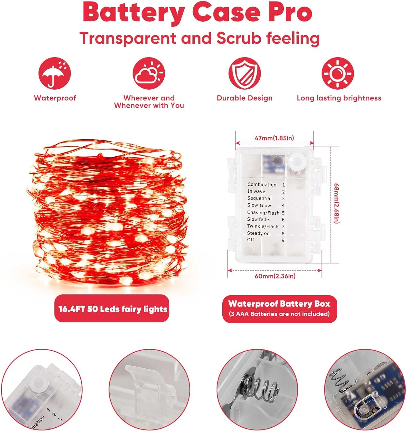 1 Pack 16.4 Ft. Battery Operated Outdoor String Lights with Remote & Timer, LED Red Fairy Lights, Waterproof Twinkle Lights for Bedroom, Dorm, Mason Jar, Wedding, Party, Christmas