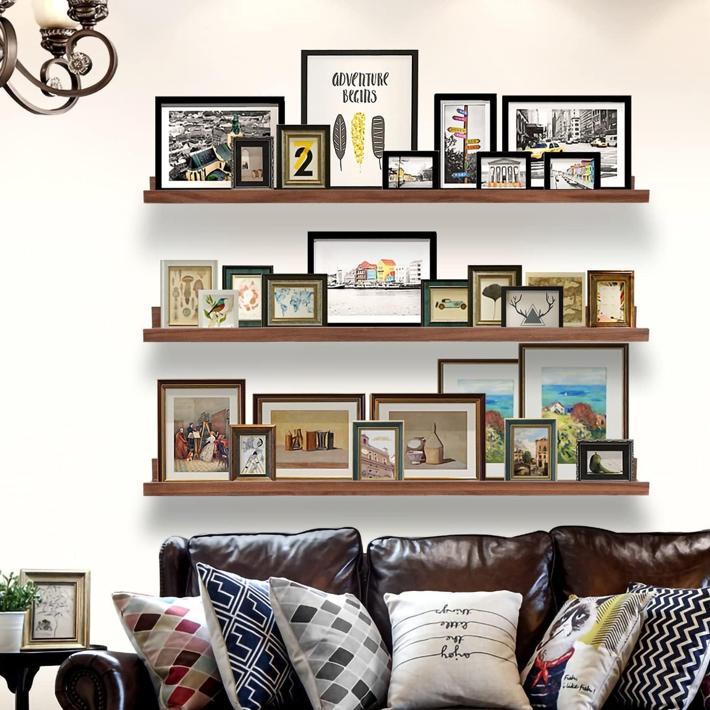 AZSKY 48 Inch Long Floating Shelves Wall Mounted Light Walnut Narrow Photo Picture Ledge Shelves Set of 3 Nursery Book Shelves Photo Frames Display Shelves Kitchen Spice Rack