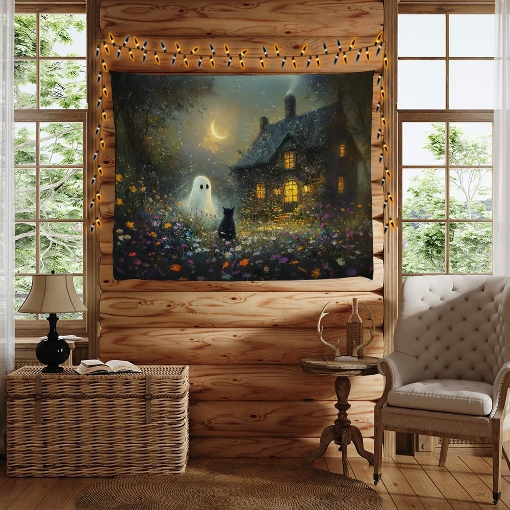 Halloween Black Cat and Ghost Tapestry Wall Hanging for Spooky Cute Bedroom Decor Dark Academia Moon Wildflower Cottage Tapestries Aesthetic for Home Living Room Decoration 70x90inch