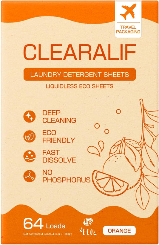 CLEARALIF Laundry Detergent Sheets, Orange, 64 Load, CLEARALIF Laundry Detergent Strips Eco Friendly & Hypoallergenic