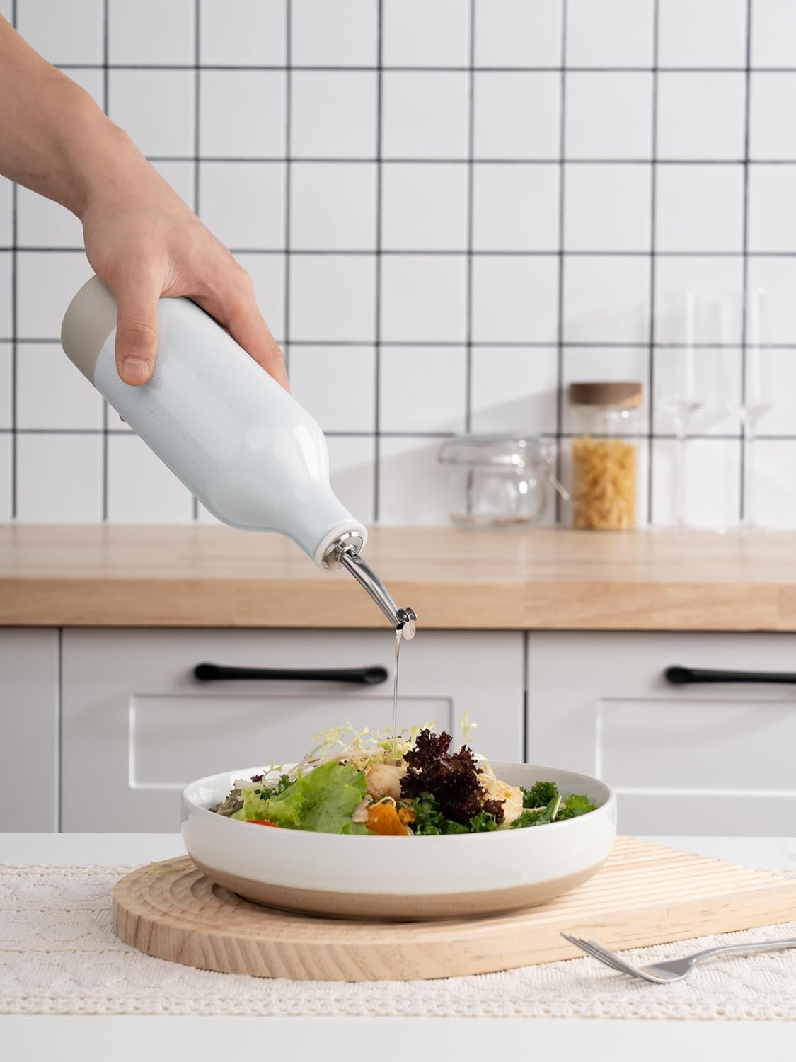 famiware Milkyway 16oz Ceramic Olive Oil Dispenser Bottle, 1 Piece Oil Dispenser for Kitchen with Stainless Steel Pourers, Suitable for Storage Vinegar, Soy Sauce, Coffee Syrup, Liquids, Light Gray