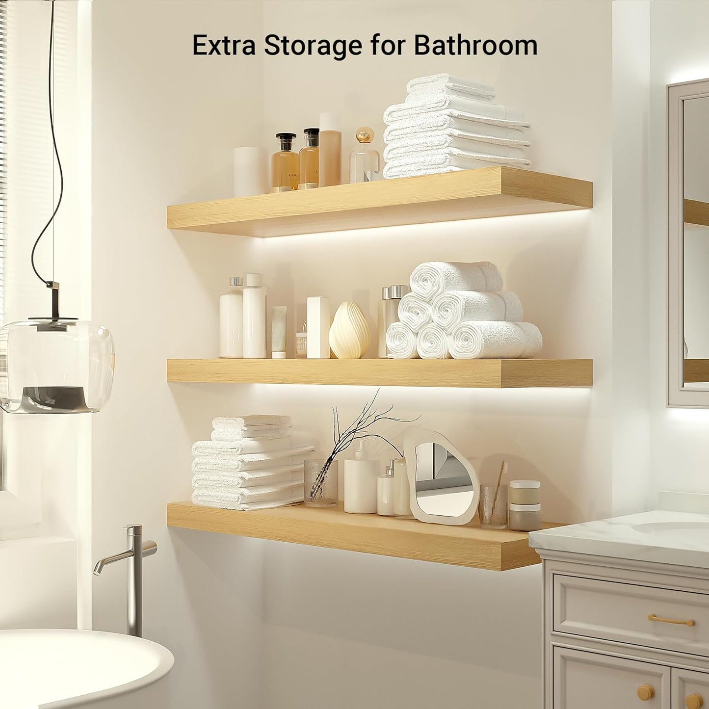 Heimlove 12" Deep Floating Shelves, 36 x 12 Inch Wall Mounted Long Floating Shelf with Invisible Brackets, for Home Decor, Bedroom, Kitchen, Living Room, Bathroom - 1 Pack, Oak