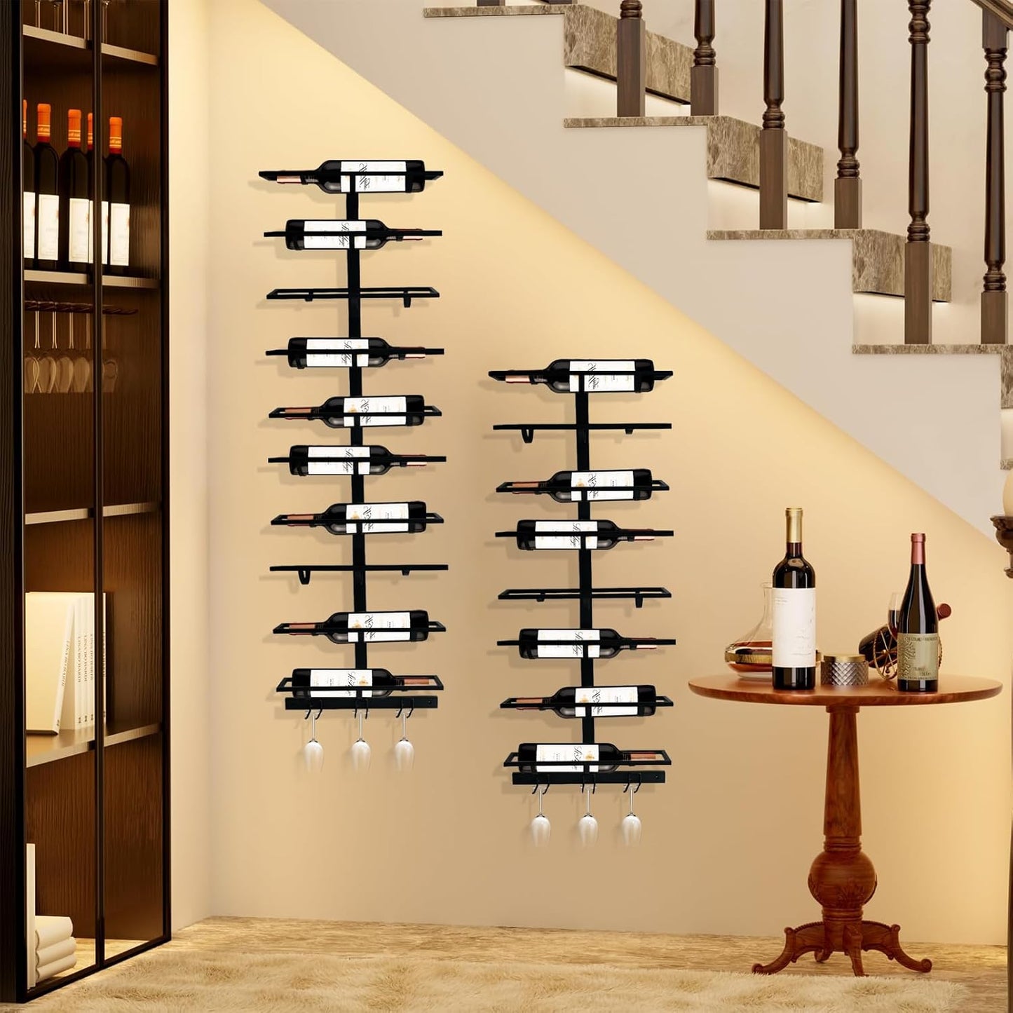 10 Bottle Wall Mount Wine Rack with Wine Glass Holder, Metal Wine Wall Rack, Wall Racks for Wine Bottles Display and Storage, Hanging Bottle Organizer for Living Dining Room Wine Cellar Bar (Black)