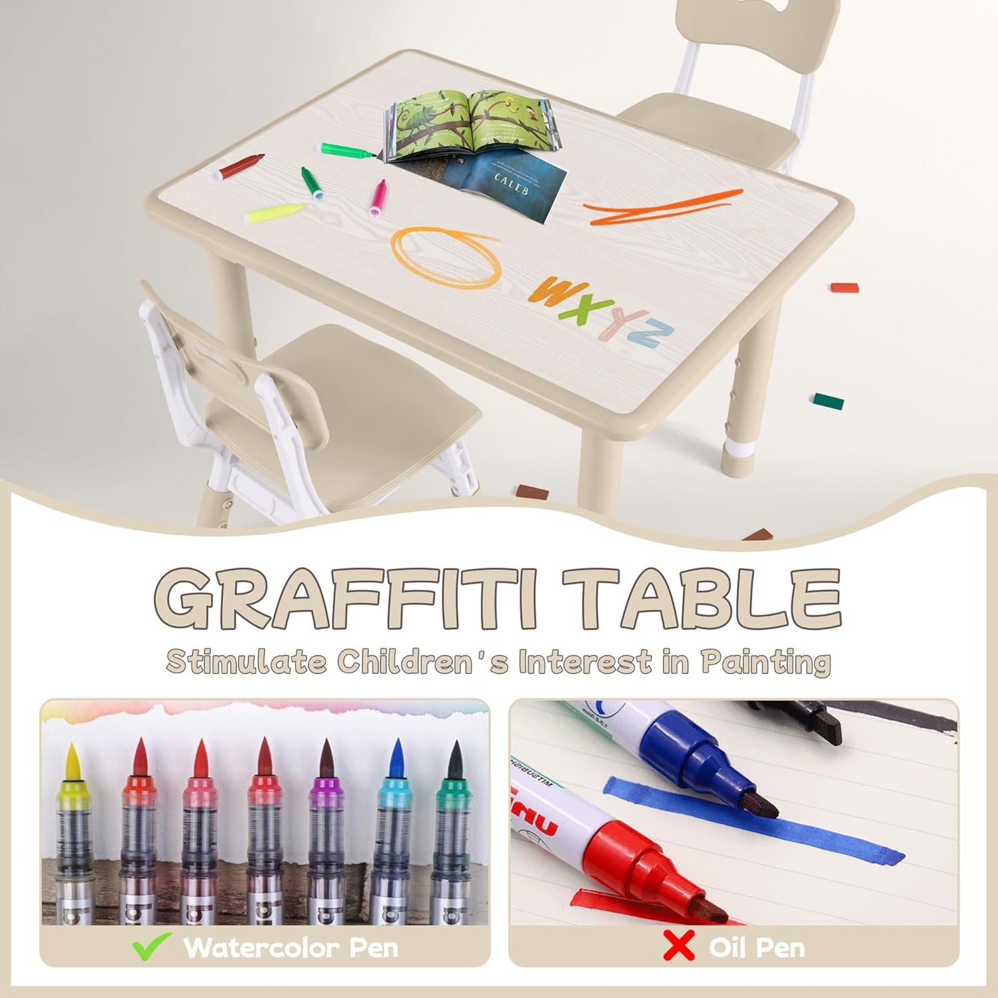 Toddler Table and Chair Set, Height Adjustable-Upgrade Kids Table and 2 Chairs for Ages 3-8, Multi-Activity Toddler Play Table with Graffiti Desktop for Home/Daycare/Classroom