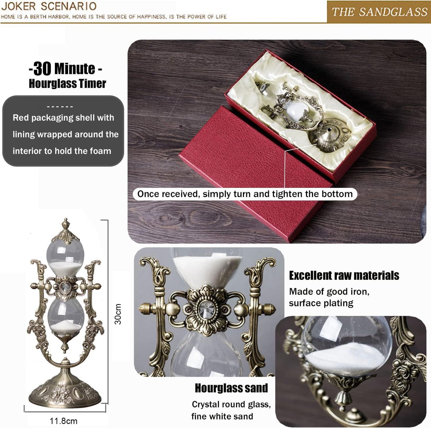 Sand Timer 30 Minutes,Sanduhr Deko,Hour Glass,Metal Vintage Hourglass,for Home Decoration Office Desk Wedding Party Decor Kitchen Timer (White Sand)